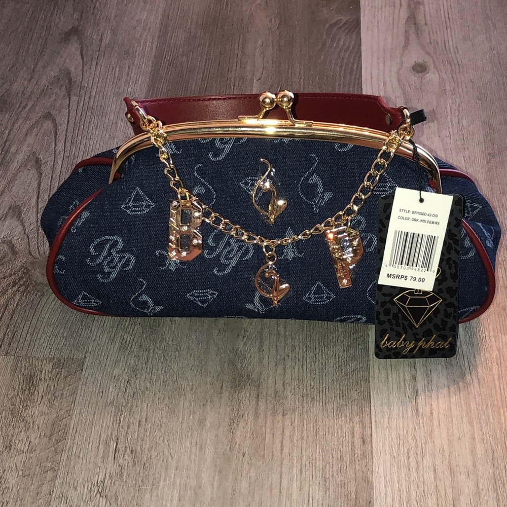 Baby Phat Monogram Dark Indigo Denim Red Kiss Lock Top Handle Bag + Chain NWT